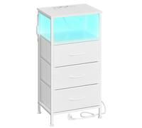SONGMICS Bellah Collection Mesita de noche con base de carga, mesa auxiliar con iluminación LED ajustable controlada por aplicación, 1 compartimento abierto, 3 cajones, blanco nube y Blanco