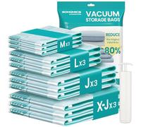 SONGMICS Bolsas de Almacenamiento al Vacío, Bolsa de Almacenaje para Ropa, Sábanas, Armario y Viaje, Compacta y Reutilizable, Bomba Manual Incluida, Juego de 12, 3M/3L/3J/3X-J, Transparente LVB107W101