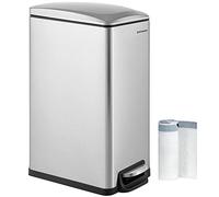 SONGMICS Bote de basura delgado, cubo de basura de 12.7 galones para espacios estrechos con tapa de cierre suave, cubo interior y pedal de paso, acero inoxidable, 15 bolsas de basura incluidas, color