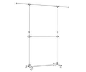 SONGMICS Burro de Ropa con Doble Barra, Perchero con Ruedas Extensible, Altura Ajustable 113-180 cm, Barra Central Ajustable, Blanco LLR401W01