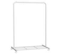SONGMICS Perchero Burro, Burro de Ropa con Ruedas, Perchero de Metal, Barra Colgante de 91 cm de Ancho, con Estante, 2 Ruedas Bloqueables, Barra Superior Soporta hasta 40 kg, Blanco HSR025W01