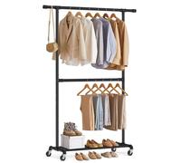 SONGMICS Burro Perchero Doble con Ruedas, Regulable en Altura, 110 kg | Burro Ropa con Estante, Barra Central, Negro, Colección DALSON HSR62BK