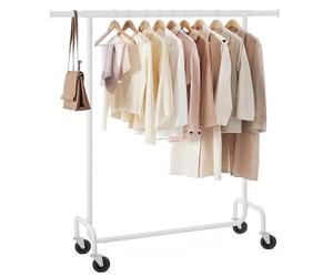SONGMICS Burro Ropa con Ruedas, Perchero Burro Extensible con Carga Pesada, Capacidad de Carga de 130 kg, 45 x (110-150) x 162,9 cm, Fácil de Montar, Portátil, Blanco Mate HSR011W01