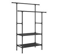SONGMICS Burro Ropa, Perchero Burro de Metal con 2 Barras Colgantes, con 2 Estantes de Almacenamiento, Capicidad de Carga 70 kg, Montaje Fácil, Negro RDR002B02