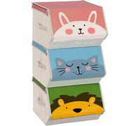 SONGMICS Caja Almacenaje Tela Infantil, Caja Organizadora Plegable, Juego de 3, Apilables con Asas, Tapa Magnética, para Habitación de Niños, Conejo Gato León, Rosa, Azul, Verde y Gris RFB760P01