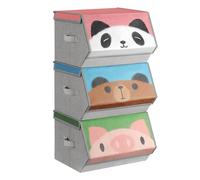 SONGMICS Caja Almacenaje Tela Infantil, Juego de 3, Plegable | Apilables con Asas, Tapa Magnética, para Habitación de Niños, Motivos de Animales, Rosa y Azul, Colección TEZA, RFB760P02