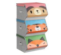 SONGMICS Caja Almacenaje Tela Infantil, Juego de 3, Plegable | Apilables con Asas, Tapa Magnética, para Habitación de Niños, Motivos de Animales, Rosa y Azul, Colección TEZA, RFB760P03