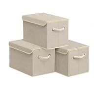 SONGMICS Caja de Almacenamiento con Tapa, Juego de 3, Plegable, Cestas de Tela con Asas, para Dormitorio, Salón, Vestidor, 38 x 25 x 25 cm, Beige Arena RFB013LZ01