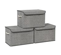 SONGMICS Caja de Almacenamiento con Tapa, Juego de 3, Plegable, Cestas de Tela con Asas, para Dormitorio, Salón, Vestidor, 38 x 25 x 25 cm, Gris Paloma RFB013G02