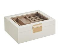 SONGMICS Caja de Joyas, Caja Joyero con 2 Niveles, Estuche para Joyería con Tapa de Cristal, Moderno, Blanco Nube y Dorado JBC238WT
