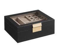 SONGMICS Caja de Joyas, Caja Joyero con 2 Niveles, Estuche para Joyería con Tapa de Cristal, Moderno, Negro Grafito y Dorado JBC238B01