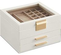 SONGMICS Caja de Joyas, Caja Joyero con 3 Niveles, Estuche para Joyería con Tapa de Cristal, Moderno, Blanco Nube y Dorado JBC239WT