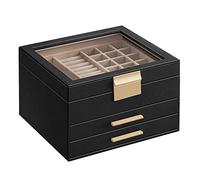 SONGMICS Caja de Joyas, Caja Joyero con 3 Niveles, Estuche para Joyería con Tapa de Cristal, Moderno, Negro Grafito y Dorado JBC239B03
