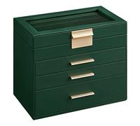 SONGMICS Caja de Joyas, Caja Joyero con 4 Niveles, Estuche para Joyería con Tapa de Cristal, 3 Cajones, para Gafas de Sol, Joyas Grandes, Moderno, Verde Bosque y Dorado JBC161G01