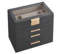 SONGMICS Caja de Joyas, Caja Joyero con 4 Niveles, Estuche para Joyería con Tapa de Cristal, 3 Cajones, para Gafas de Sol, Joyas Grandes, Moderno, Gris y Dorado JBC161C01