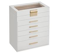 SONGMICS Caja de Joyas, Caja Joyero con 6 Niveles, Estuche para Joyería con Tapa de Cristal, 5 Cajones, para Gafas de Sol, Joyas Grandes, Moderno, Blanco Nube y Dorado JBC171W01