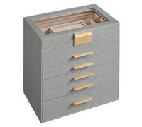 SONGMICS Caja de Joyas, Caja Joyero con 6 Niveles, Estuche para Joyería con Tapa de Cristal, 5 Cajones, para Gafas de Sol, Joyas Grandes, Moderno, Gris Paloma y Dorado JBC171G01