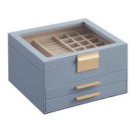 SONGMICS Caja de Joyas, Caja Joyero de 3 Niveles, Estuche de Joyería, Tapa de Cristal, con 2 Cajones, Gran Capacidad, Estilo Moderno, Idea de Regalo, Azul Ahumado y Dorado/Blanco Nube/Gris Blanco Nube