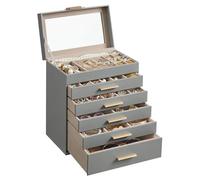 SONGMICS Caja de Joyas, de 6 Niveles, con 5 Cajones, 25,1 x 16,3 x 29 cm | Estuche de Joyería, Gran Capacidad, Estilo Glam, Gris Paloma y Marrón Camello, GISELLA Colección JBC171G01