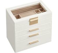 SONGMICS Caja de Joyas, Navidad, Caja Joyero con 4 Niveles, Estuche para Joyería con Tapa de Cristal, 3 Cajones, para Gafas de Sol, Joyas Grandes, Moderno, Blanco Nube y Dorado JBC161W01