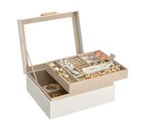 SONGMICS Caja de Joyas, Navidad, Caja Joyero de 2 Niveles con Bandeja Extraíble, Estuche de Joyería, Tapa de Cristal, con 2 Cajones, Idea de Regalo, Blanco Nube y Dorado Metálico JBC238W01