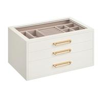 SONGMICS Caja de Joyas, Organizador de Joyería de 3 Niveles, con Ventana de Vidrio, 3 Cajones, Gran Capacidad, Tiradores Dorados, Idea de Regalo, 16 x 24 x 12,5 cm, Blanco Crema JBC206WD01