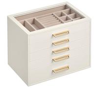 SONGMICS Caja de Joyas, Organizador de Joyería de 5 Niveles con Ventana de Vidrio, 5 Cajones, Gran Capacidad, Moderna, Tiradores Dorados, Idea de Regalo, 17,2 x 24 x 18,4 cm, Blanco Crema JBC205WD01