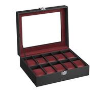 SONGMICS Caja de reloj con 10 ranuras, caja de reloj con tapa de cristal, caja de exhibición de reloj con almohadas extraíbles, cierre de metal, idea de regalo, piel sintética negra, forro rojo vino