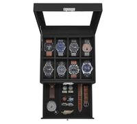 SONGMICS Caja de reloj de 8 ranuras, caja de reloj con cerradura con tapa de cristal, 2 capas, con 1 cajón para anillos, pulseras, idea de regalo, piel sintética negra, forro negro UJWB080B01