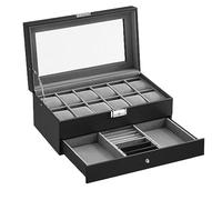 SONGMICS Caja de Reloj, Estuche de Reloj con Tapa de Cristal de 2 Niveles para 12 Relojes, Cerradura, 1 Cajón, para Anillos Pulseras, Regalo Ideal, Cuero Sintético Negro y Forro Gris JWB012G01
