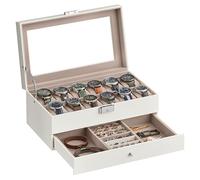 SONGMICS Caja de Reloj, Estuche de Reloj con Tapa de Cristal de 2 Niveles para 12 Relojes, Cerradura, 1 Cajón, Regalo Ideal, Cuero Sintético Blanco Nube y Forro Beige Capuchino JWB012W01