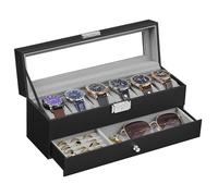 SONGMICS Caja de Reloj, Estuche de Reloj con Tapa de Cristal de 2 Niveles para 6 Relojes, Cerradura, 1 Cajón, para Anillos Pulseras, Regalo Ideal, Superficie PU Negro y Forro Gris JWB060G01