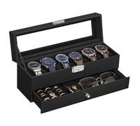 SONGMICS Caja de Reloj, Estuche de Reloj con Tapa de Cristal de 2 Niveles para 6 Relojes, Cerradura, 1 Cajón, para Anillos Pulseras, Regalo Ideal, Superficie PU Negro y Forro Negro/Gris, Regalo de Sup