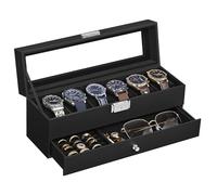 SONGMICS Caja de Reloj, Navidad, Estuche de Reloj con Tapa de Cristal de 2 Niveles para 6 Relojes, Cerradura, 1 Cajón, para Anillos Pulseras, Regalo Ideal, Superficie PU Negro y Forro Negro JWB060B02