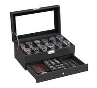 SONGMICS Caja de Reloj, San Valentin, Estuche de Reloj con Tapa de Cristal de 2 Niveles para 12 Relojes, Cerradura, 1 Cajón, para Anillos Pulseras, Regalo Ideal, JWB012B03
