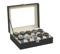 SONGMICS Caja de Relojes con 10 Compartimentos, Estuche de Relojes con Tapa de Cristal, Cojín Extraíble, Cierre Metálico, Idea de Regalo, Cuero Sintético Negro y Forro Beige JWB010