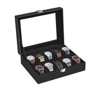 SONGMICS Caja de Relojes con 10 Compartimentos, Estuche de Relojes con Tapa de Cristal, Cojín Extraíble, Cierre Metálico, Regalo, Cuero Sintético Negro y Forro Negro JWB010B02