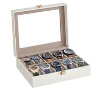 SONGMICS Caja de Relojes con 10 Compartimentos, Estuche de Relojes con Tapa de Cristal, Cojín Extraíble, Cierre Metálico, Regalo, Cuero Sintético Blanco Nube y Forro Beige Capuchino JWB010W01
