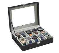 SONGMICS Caja de Relojes con 10 Compartimentos, Estuche de Relojes con Tapa de Cristal, Cojín Extraíble, Cierre Metálico, Idea de Regalo, Cuero Sintético Negro y Forro Gris JWB010BK