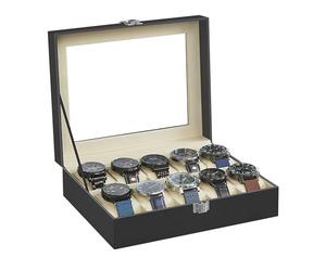 SONGMICS Caja de Relojes con 10 Compartimentos, Estuche de Relojes con Tapa de Cristal, Cojín Extraíble, Cierre Metálico, Idea de Regalo, Cuero Sintético Negro y Forro Beige JWB010