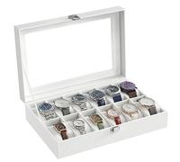SONGMICS Caja de Relojes con 12 Compartimentos, Estuche de Relojes con Tapa de Cristal, Cojín Extraíble, Cierre Metálico, Regalo, Cuero Sintético Blanco y Forro Blanco JWB202