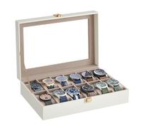 SONGMICS Caja de Relojes con 12 Compartimentos, Estuche de Relojes con Tapa de Cristal, Cojín Extraíble, Cierre Metálico, Regalo, Cuero Sintético Blanco Nube y Forro Beige Capuchino JWB120W01