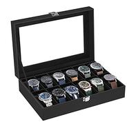 SONGMICS Caja de Relojes con 12 Compartimentos, Estuche de Relojes con Tapa de Cristal, Cojín Extraíble, Cierre Metálico, Idea de Regalo, Cuero Sintético Negro y Forro Negro JWB12B