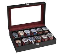 SONGMICS Caja de Relojes con 12 Compartimentos, Estuche de Relojes con Tapa de Cristal, Cojín Extraíble, Cierre Metálico, Regalo, Cuero Sintético Negro y Forro Rojo Burdeos JWB120R01
