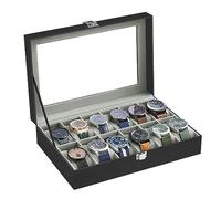 SONGMICS Caja de Relojes con 12 Compartimentos, Estuche de Relojes con Tapa de Cristal, Cojín Extraíble, Cierre Metálico, Regalo, Cuero Sintético Negro y Forro Gris Verdoso JWB12BK
