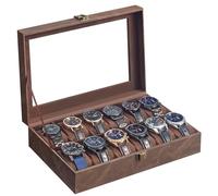 SONGMICS Caja de Relojes con 12 Compartimentos, Estuche de Relojes con Tapa de Cristal, Cojín Extraíble, Cierre Metálico, Regalo, Cuero Sintético Marrón Café y Forro Marrón Café JWB120KQ02