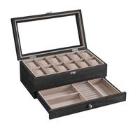SONGMICS Caja de Relojes con 12 Ranuras, Estuche de Relojes de Madera de 2 Niveles con Tapa de Cristal, Almohadillas, Forro de Terciopelo, Regalo de Seres Queridos, Negro Ébano JOW012B01
