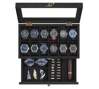 SONGMICS Caja de Relojes con 12 Ranuras, Navidad, Estuche de Relojes de Madera de 2 Niveles con Tapa de Cristal, Almohadillas, Forro de Terciopelo, Regalo de Seres Queridos, Negro Tinta JOW012B02