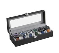 SONGMICS Caja de Relojes con 6 Compartimentos, Estuche de Relojes con Tapa de Cristal, Cojín Extraíble, Cierre Metálico, Regalo, Cuero Sintético Negro y Forro Gris Verdoso JWB06BK