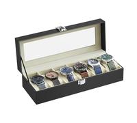 SONGMICS Caja de Relojes con 6 Compartimentos, Estuche de Relojes con Tapa de Cristal, Cojín Extraíble, Cierre Metálico, Regalo, Cuero Sintético Negro y Forro Verde Beige JWB06BE